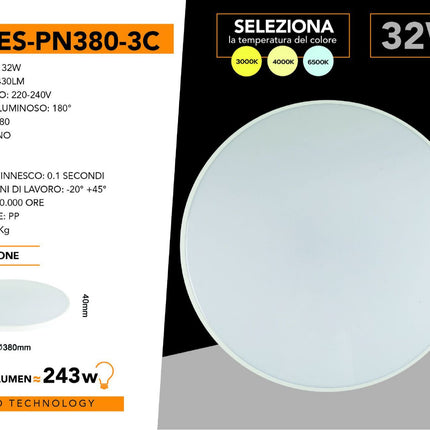 Plafoniera a led ultra slim 18 32 e 42 watt impermeabile tecnologia cct tripla colorazione di luce IP44 enzoled