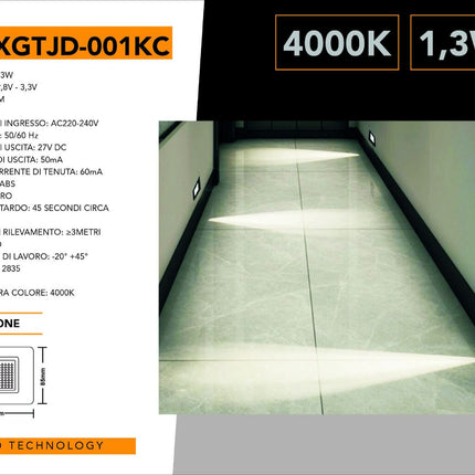 Faretto segnapassi con placca nera da muro con sensore di movimento pir 1,3 watt per cassetta 503 luce fredda 6500k calda 3000k naturale 4000k enzoled