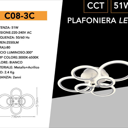 Lampadario led plafoniera moderno con 6 anelli cerchi 51 watt tecnologia CCT con switch luce  fredda calda naturale enzoled