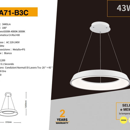 Lampadari a led 43 watt tre colorazioni di luce lampada da soffitto a sospensione ultra moderno cucina soggiorno enzoled