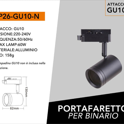 Porta faretto monofase orientabile da binario per soffitto con attacco gu10 proiettore faro per binario elettrificato enzoled