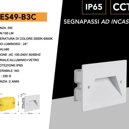 Faretto ad incasso per cassetta 503 segnapasso per esterno 3 watt tecnologia cct con switch IP65 enzoled