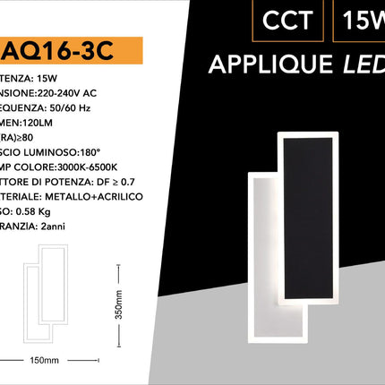 Applique a led 15 watt con tecnologia cct tre colorazioni di luce con switch lampada da parete moderna enzoled