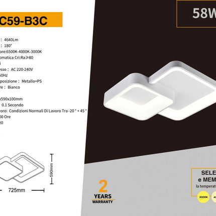 Plafoniera da soffitto a led 58 watt due quadrati lampadario cct tre colorazioni da 3000k a 6500k enzoled
