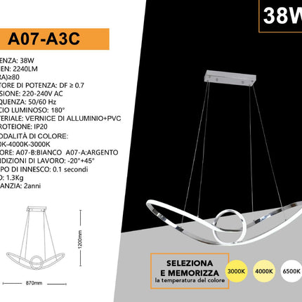 Lampadario led moderno a forma di fiocco lampada a sospensione 38 watt tecnologia cct 3 temperature di luce enzoled