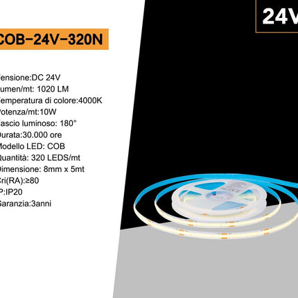 Strip led cob 24v strisci bobina 5 metri 50 watt 1600 lumen illuminazione per soggiorno cucina opne space enzoled