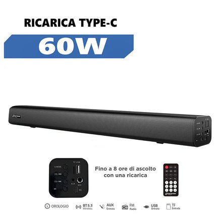 Soundbar ricaricabile 60W bluetooth con orologio radio telecomando