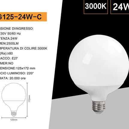 Lampadina a led 24 watt globo G125 E27 a sfera luce fredda 6500k calda 3000k naturale 4000k enzoled