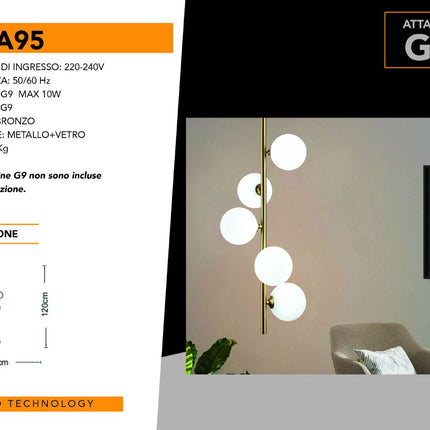 Lampadario a sospensione minimalista bronzo con 5 sfere lampada da soffitto con stelo verticale per soggiorno open space enzoled