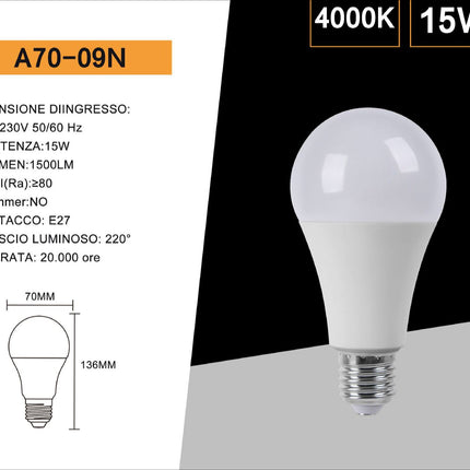Lampadina a led 15 watt a70 attacco e27 a sfera luce fredda 6500k calda 3000k naturale 4000k enzoled