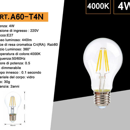 Lampadina led a filamento attacco E27 4 watt lampada in vetro luce fredda calda naturale enzoled