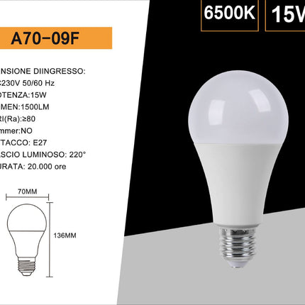 Lampadina a led 15 watt a70 attacco e27 a sfera luce fredda 6500k calda 3000k naturale 4000k enzoled
