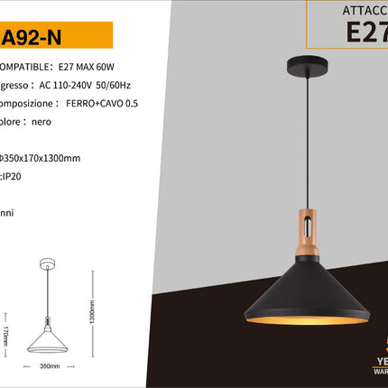 Lampadario a sospensione stile industriale lampada pendente attacco E27 luce tavolo cucina di colore nero o bianco enzoled