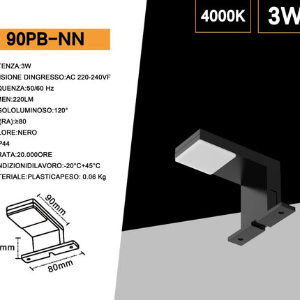 Lampada a led per specchio da bagno 3 watt applique moderno a luce naturale nero o silver IP44 enzoled