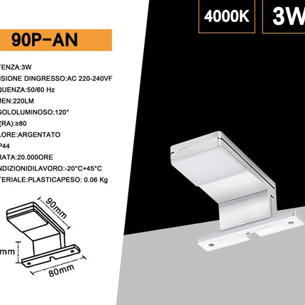 Lampada a led per specchio da bagno 3 watt applique moderno a luce naturale nero o silver IP44 enzoled