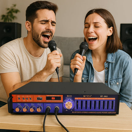 Amplificatore bluetooth audio 2 ingressi microfono FM con telecomando