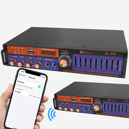 Amplificatore bluetooth audio 2 ingressi microfono FM con telecomando
