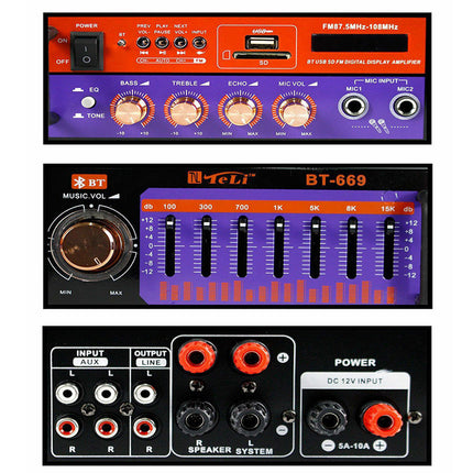 Amplificatore bluetooth audio 2 ingressi microfono FM con telecomando