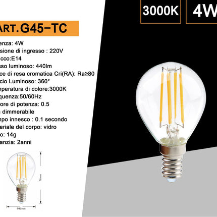 Lampadina led a filamento 4 watt g45 attacco E14 sfera in vetro luce fredda 6500k calda 3000k naturale 4000k enzoled