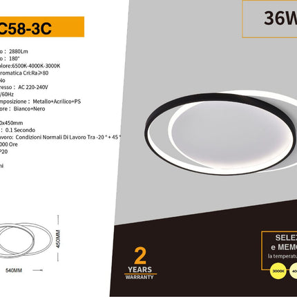 Plafoniera da soffitto tonda36 watt lampada dimmerabile tre colorazione di luce per camera da letto cucina enzoled