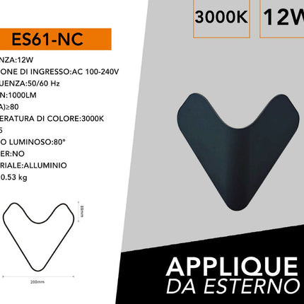 APPLIQUE ESTERNO/12W/3000K/NERO - enzoled