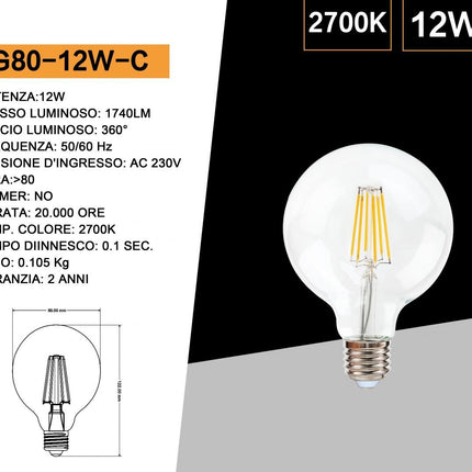 Lampadina led E27 globo G80 12 watt con filamento luce calda 2700k lampada in vetro trasparente decorativa enzoled