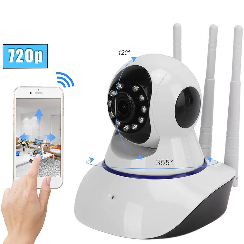 Telecamera IP motorizzata wireless hd 720p 3 antenne camera con connessione wifi o lan rj45 con microfono audio led infrarossi e registrazione su micro sd camera - enzoled