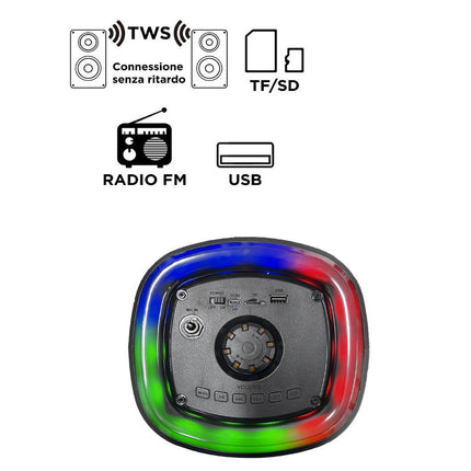 Cassa karaoke RGB bluetooth 60W rodio FM USB SD/TF ricaricabile enzoled