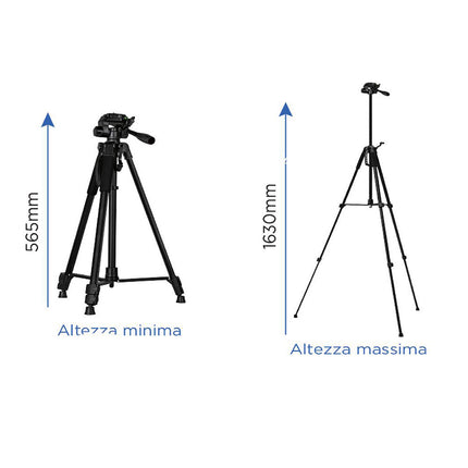 Cavalletto treppiedi con telecomando bluetooth altezza 163 e 206 cm