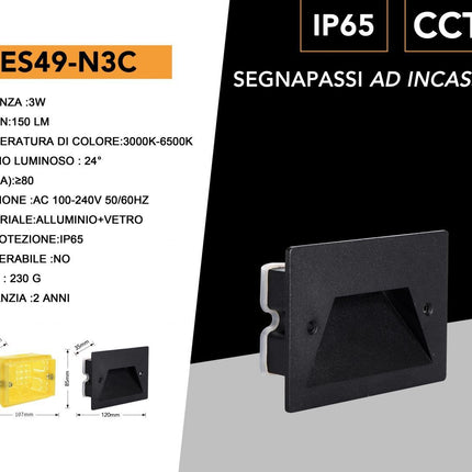 Faretto ad incasso per cassetta 503 segnapasso per esterno 3 watt tecnologia cct con switch IP65 enzoled