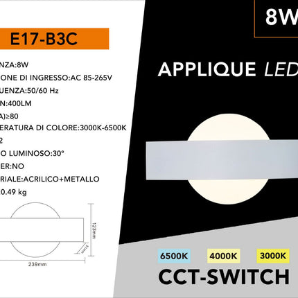 Applique da parete led 8 watt doppia emissione di luce up e down lampada con pannello in vetro opaco tecnologia CCT enzoled