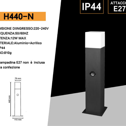 Lampione da giardino per esterno con sensore di movimento in alluminio attacco E27 lampada da terra lampioncino per vialetti IP44 enzoled