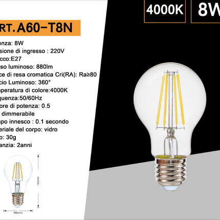 Lampadina led a filamento A60 8 watt sfera E27 luce fredda 6500k  calda 2700k naturale 4000k enzoled