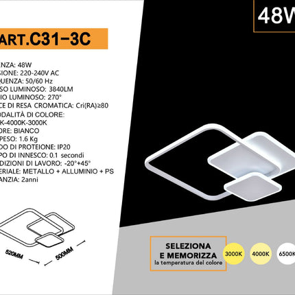 Plafoniera quadrata a led a tripla colorazione di luce 48 watt ultra moderno di colore bianco enzoled