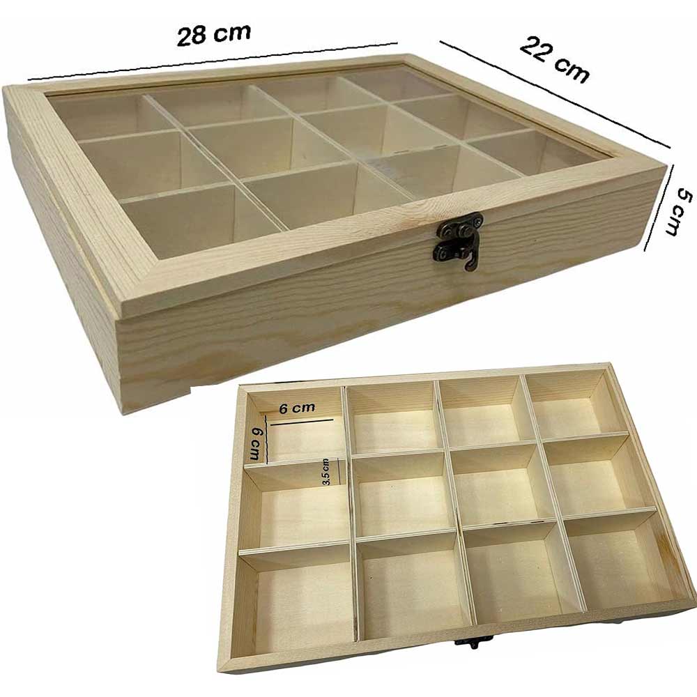 Bacheca in legno 12 posti con porta in vetro espositore vetrinetta minuterie portagioie scatola da the portaoggetti decoupage - enzoled