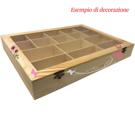 Bacheca in legno 16 posti con porta trasparente espositore vetrinetta per minuterie da collezione porta gioielli per decoupage - enzoled