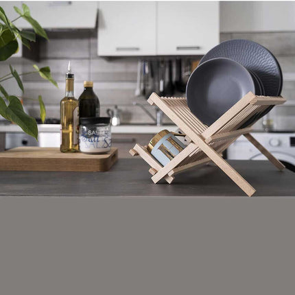 Scolapiatti pieghevole per stoviglie in legno con 2 ripiani gocciolatoio da appoggio per piatti bicchieri - enzoled