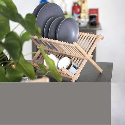 Scolapiatti pieghevole per stoviglie in legno con 2 ripiani gocciolatoio da appoggio per piatti bicchieri - enzoled