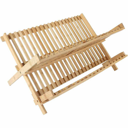 Scolapiatti pieghevole per stoviglie in legno con 2 ripiani gocciolatoio da appoggio per piatti bicchieri - enzoled
