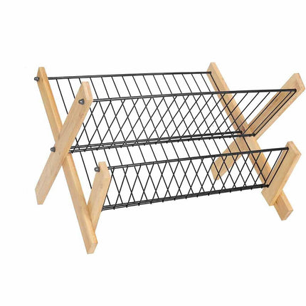 Scolapiatti pieghevole per stoviglie in metallo e legno con 2 ripiani gocciolatoio da appoggio per piatti bicchieri - enzoled