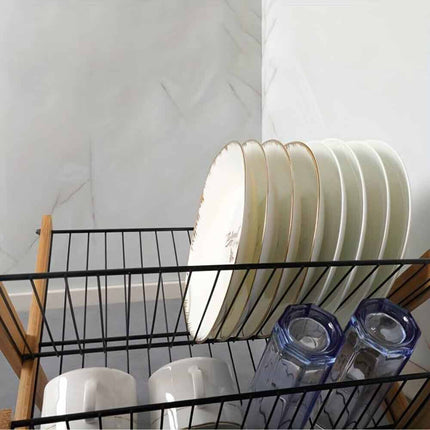 Scolapiatti pieghevole per stoviglie in metallo e legno con 2 ripiani gocciolatoio da appoggio per piatti bicchieri - enzoled