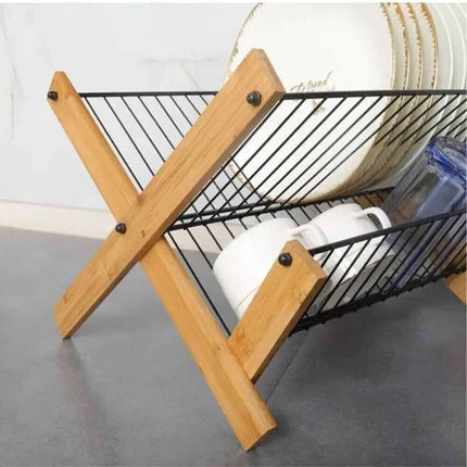 Scolapiatti pieghevole per stoviglie in metallo e legno con 2 ripiani gocciolatoio da appoggio per piatti bicchieri - enzoled