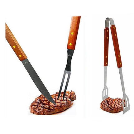 Set per barbecue pinza a molla coltello forchetta in acciaio con manico in legno per baciata grill carne pesce utensili da cucina - enzoled