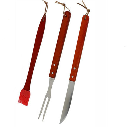 Kit barbecue 3 utensili coltello e forchettone in acciaio pennello con setole in silicone per grill carne baciata manico in legno attrezzi da cucina - enzoled
