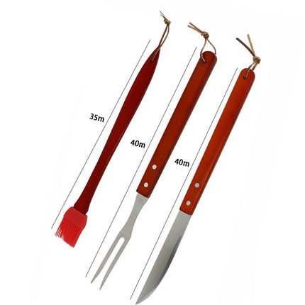 Kit barbecue 3 utensili coltello e forchettone in acciaio pennello con setole in silicone per grill carne baciata manico in legno attrezzi da cucina - enzoled