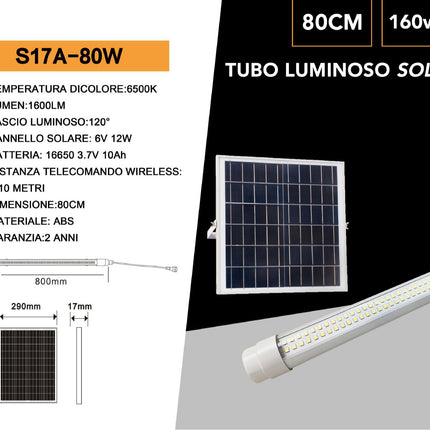 Neon a led con pannello solare 80 watt tubo ricaricabile 80 cm IP65 luce bianca fredda 6500k enzoled