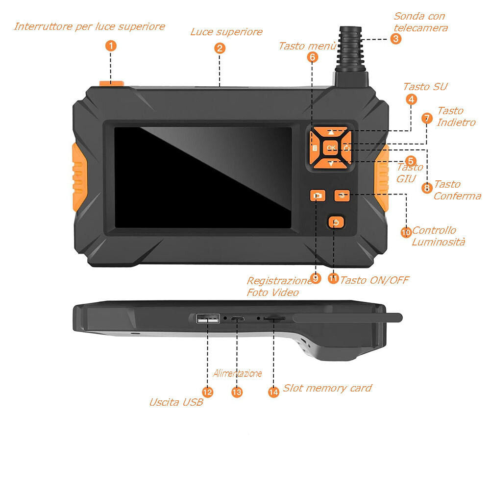 Telecamera endoscopica con sonda monitor 4,3” full hd 1080p 5 metri foto e video impermeabile IP67 - enzoled