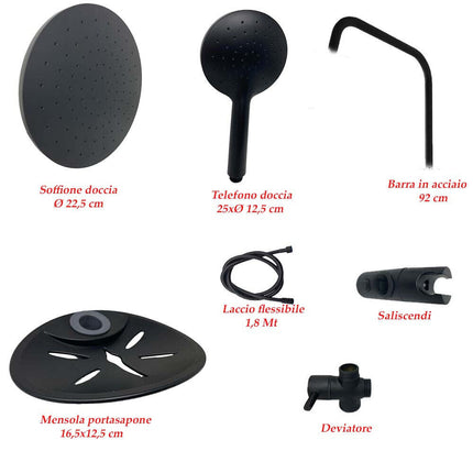 Colonna doccia moderna saliscendi con soffione rotondo doccetta telefono e portasapone per box doccia nero - enzoled