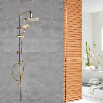 Colonna doccia moderna saliscendi con soffione rotondo doccetta telefono e portasapone per box doccia oro - enzoled