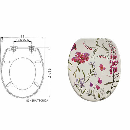 Copriwater in Legno MDF serigrafato tavoletta da Bagno WC con Stampa fiori rosa Cerniere in Acciaio 43x38 cm - enzoled